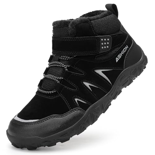 Littleplum Winterschuhe Jungen Winterstiefel Kinder Barfussschuhe Winter Warm Gefüttert Schneestiefel Wanderstiefel(B Schwarz,34EU) von Littleplum