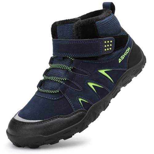 Littleplum Winterschuhe Jungen Winterstiefel Kinder Barfussschuhe Winter Warm Gefüttert Schneestiefel Wanderstiefel(B Dunkelblau,39EU) von Littleplum