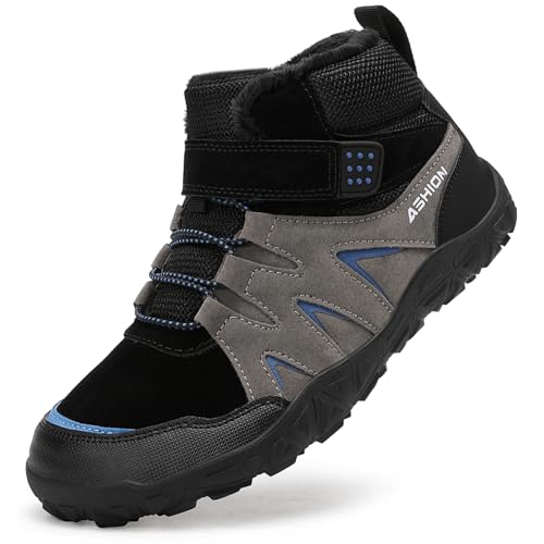 Littleplum Winterschuhe Jungen Winterstiefel Kinder Barfussschuhe Winter Warm Gefüttert Schneestiefel Wanderstiefel(B Grau Blau,37EU) von Littleplum