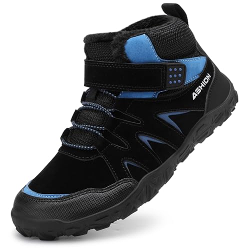 Littleplum Winterschuhe Jungen Winterstiefel Kinder Barfussschuhe Winter Warm Gefüttert Schneestiefel Wanderstiefel(B Schwarz Blau,37EU) von Littleplum