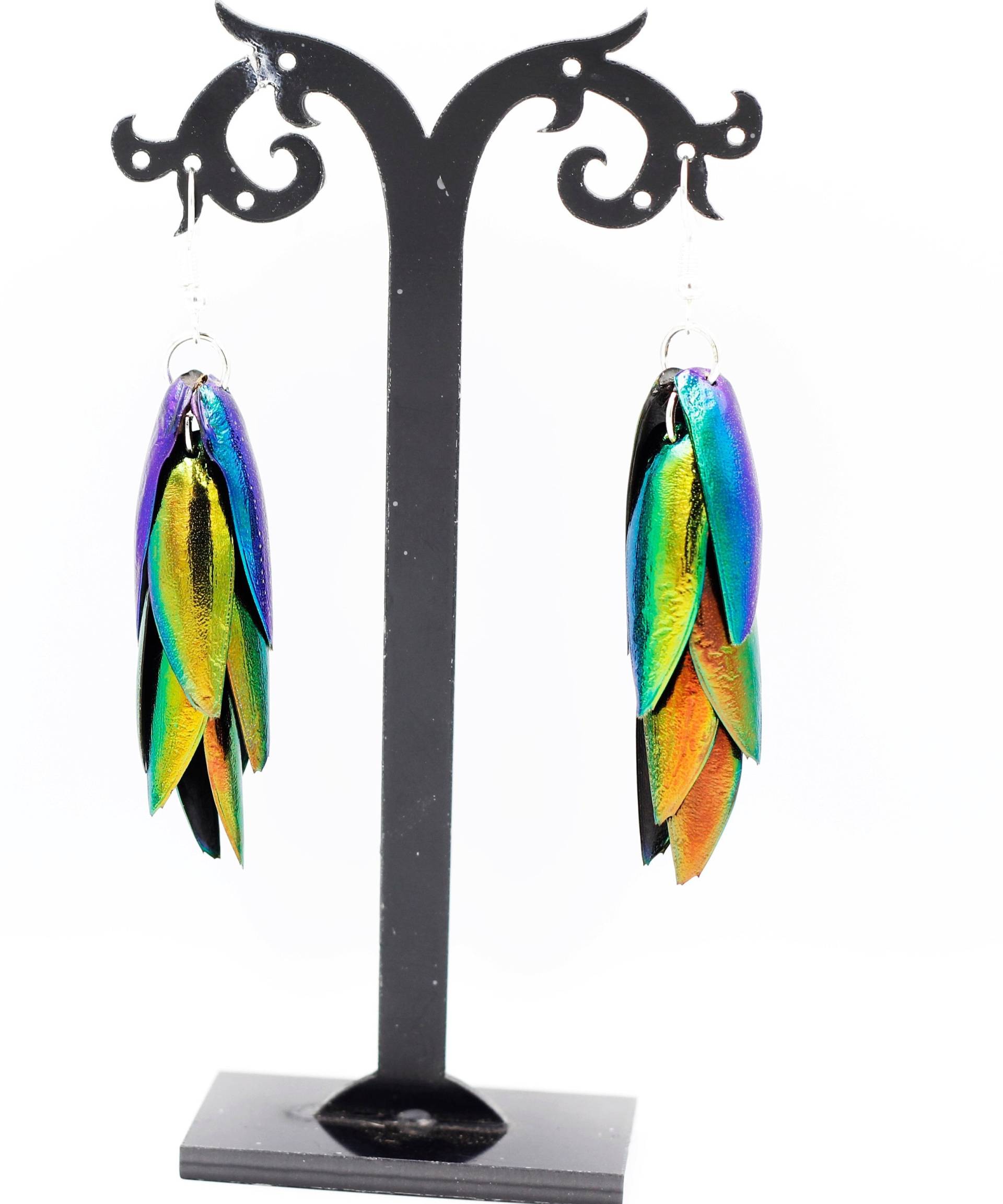 Hellen Schillernden Regenbogen Smaragd, Grün, Blau, Golden Red Juwel Elytra Käfer Flügel Tropfen Baumeln Ohrringe Elegant Bunt Der Natur von Littlewingsmagic