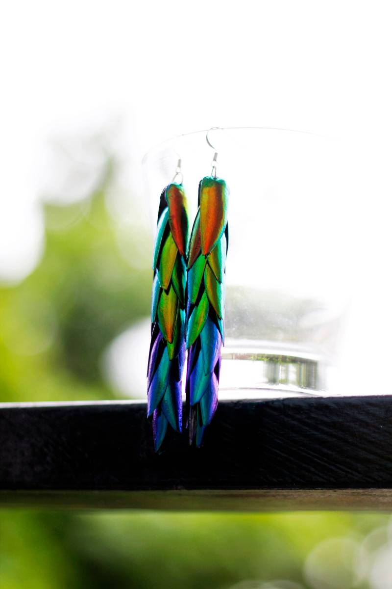 Irisierende Regenbogen Juwel Elytra Käfer Flügel Tropfen Baumeln Ohrringe Leichtes Natürliches Kunst Thai Handwerk Geschenk Für Ihre Frau Freundin von Littlewingsmagic