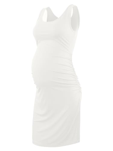 LIU & Qu Damen Schwangerschaft Ärmellos Tank Kleider Seitliche Rüschen Bodycon Kleid für den Alltag oder Babyparty, 1. Weiß, Groß von Liu & Qu