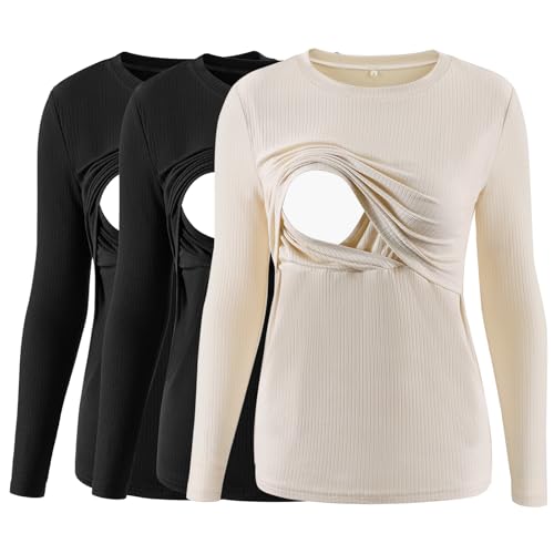 Liu & Qu Damen Still-Top, gerippt, lange Ärmel, Umstands-Shirts, doppellagig, Still-Shirts, Schwangerschaftskleidung, 3 Stück, Schwarz, Schwarz, Aprikose, Groß Liu & Qu Damen Still-Top, gerippt, lange Ärmel, Umstands-Shirts, doppellagig, Still-Shirts, Schwangerschaftskleidung, 3 Stück, Schwarz, Schwarz, Aprikose, Groß von Liu & Qu