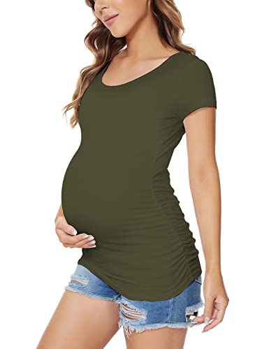 Liu & Qu Damen Umstands klassische Side Ruched T-Shirt Tops Mama Schwangerschaft Kleidung Mittel Olive von Liu & Qu