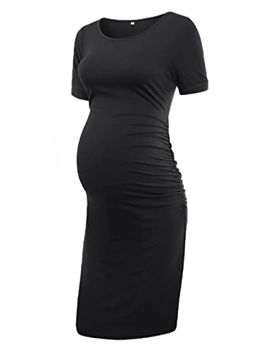 Liu & Qu damen mutterschaft bodycon geraffte seite kleid beiläufige kurz & 3/4 ärmel kleid für die tägliche tragen oder baby-dusche mittel schwarz von Liu & Qu