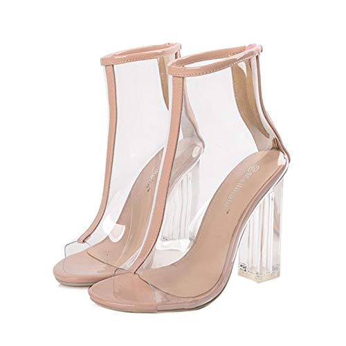 LiuGUyA High Heels 12CM Damen Sandalen Riemen Reißverschluss Transparenter Kristallabsatz Offene Zehen Pole Dance Schuhe,Beige-35 von LiuGUyA