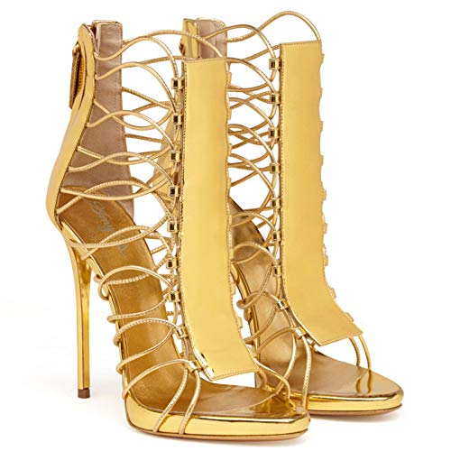 LiuGUyA High Heels Sandalen Hohle Tasche Mit Reißverschluss Dünnen Riemen Damen Handgefertigte Sandalen,Gold-37 von LiuGUyA