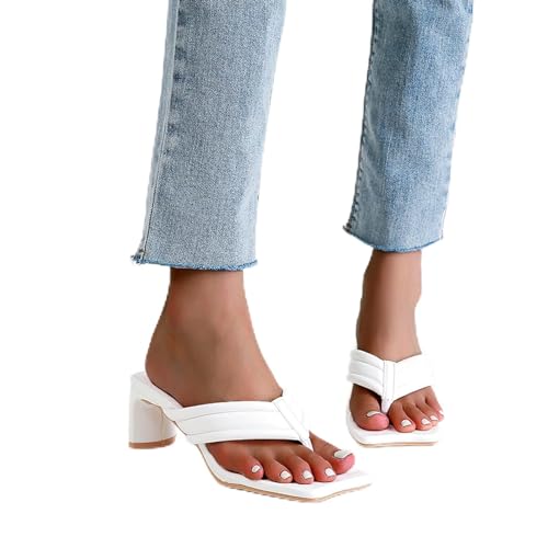 LiuGUyA High Heels Sexy 42 Hausschuhe Flip-Flops mit dicken Absätzen, quadratische Zehen und mittlerer Absatz, Weiß-36 von LiuGUyA