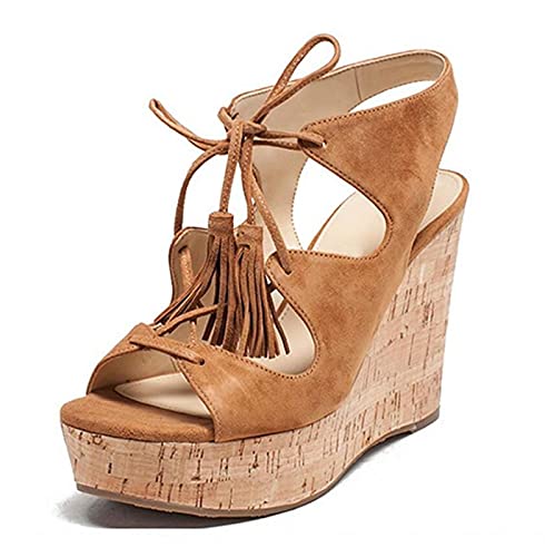 LiuGUyA High Heels Sexy 46 Fransenschnürsenkel 17CM Keilsandalen Holzmaserung wasserdichte Plattform,Brown-35 von LiuGUyA