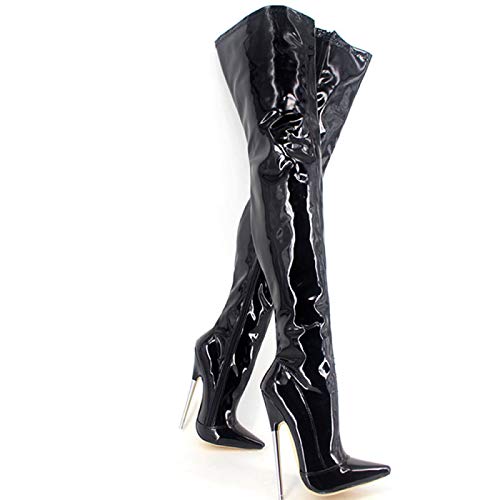 LiuGUyA High Heels Stiletto-Absatz 18CM Stiefel Damenstiefel Lackleder Oberschenkelhohe Stiefel,Black-37 von LiuGUyA