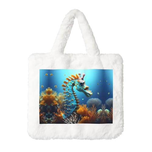 Blaue Seepferdchen-Plüsch-Handtasche: flauschige Damen-Umhängetasche, Herbst/Winter, Umhängetasche, Münztasche, Geldbörse von LiuMng