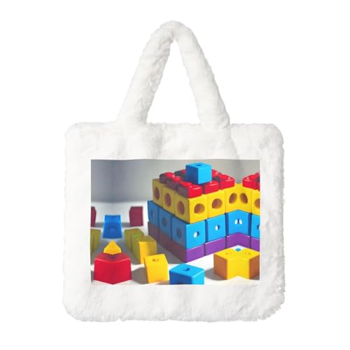 Bunte Bausteine Plüsch-Handtasche: flauschige Damen-Schultertasche – Herbst/Winter, Umhängetasche, Münztasche, Geldbörse von LiuMng