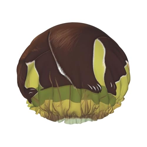 Doppellagige wasserdichte Duschhaube, brauner Bär, gehend, elastisch, wiederverwendbar, Haarschutz, Hut für Damen und Herren von LiuMng