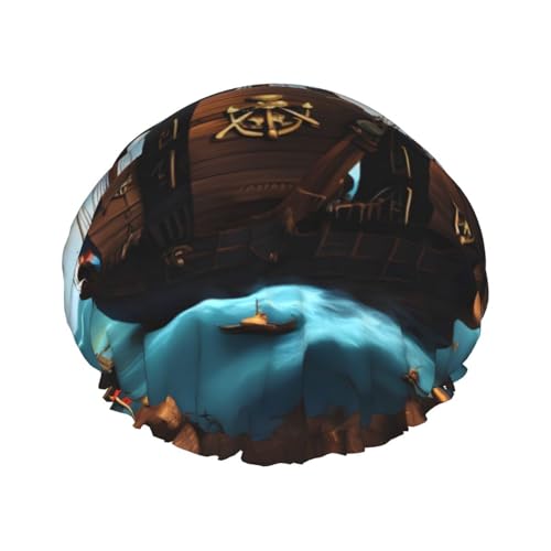 Doppellagige wasserdichte Duschhaube – Cartoon-Piratenschiff, elastisch, wiederverwendbar, Duschhaube, Haarschutz, Hut für Damen und Herren Doppellagige wasserdichte Duschhaube – Cartoon-Piratenschiff, elastisch, wiederverwendbar, Duschhaube, Haarschutz, Hut für Damen und Herren von LiuMng