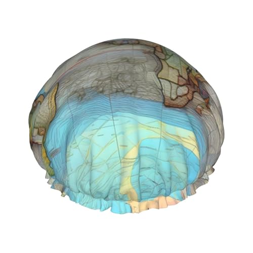 Doppellagige wasserdichte Duschhaube – Cartoon-Weltkarte, elastisch, wiederverwendbar, Duschhaube, Haarschutz, Hut für Damen und Herren Doppellagige wasserdichte Duschhaube – Cartoon-Weltkarte, elastisch, wiederverwendbar, Duschhaube, Haarschutz, Hut für Damen und Herren von LiuMng