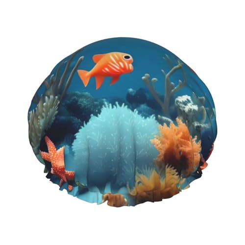 Doppellagige wasserdichte Duschhaube – Korallenfische unter Wasser, elastisch, wiederverwendbar, Duschhaube, Haarschutz, Hut für Damen und Herren Doppellagige wasserdichte Duschhaube – Korallenfische unter Wasser, elastisch, wiederverwendbar, Duschhaube, Haarschutz, Hut für Damen und Herren von LiuMng