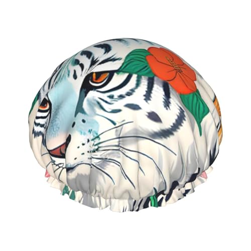 Doppellagige wasserdichte Duschhaube – niedlicher weißer Tiger, elastisch, wiederverwendbar, Duschhaube, Haarschutz, Hut für Damen und Herren Doppellagige wasserdichte Duschhaube – niedlicher weißer Tiger, elastisch, wiederverwendbar, Duschhaube, Haarschutz, Hut für Damen und Herren von LiuMng