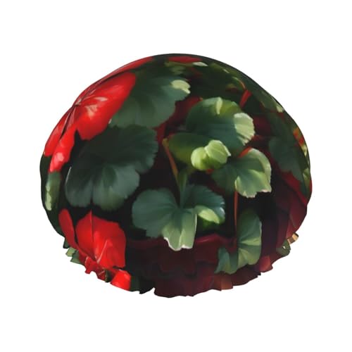 Doppellagige wasserdichte Duschhaube – rote Geranien, elastisch, wiederverwendbar, Duschhaube, Haarschutz, Hut für Damen und Herren von LiuMng