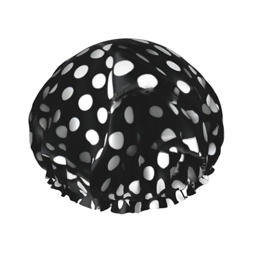 Doppellagige wasserdichte Duschhaube – schwarze und weiße gewellte Punkte, elastisch, wiederverwendbar, Duschhaube, Haarschutz, Hut für Damen und Herren von LiuMng