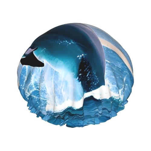 Doppellagige wasserdichte Duschhaube – springende Delfine, elastisch, wiederverwendbar, Duschhaube, Haarschutz, Hut für Damen und Herren von LiuMng