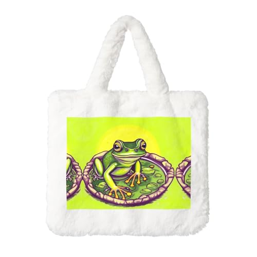 Frosch im Teich Plüsch-Handtasche: flauschige Damen-Umhängetasche, Herbst/Winter, Umhängetasche, Münztasche, Geldbörse von LiuMng