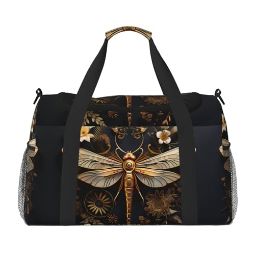 Goldene exquisite Handtasche mit Libellen-Druck, große Handtasche, wasserdichte Tragetasche für Damen, Seesack, Sport, Fitnessstudio für Herren von LiuMng