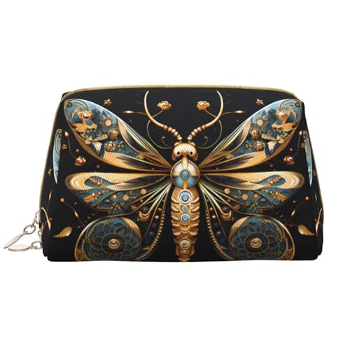 Goldene zarte Libelle auf schwarzem Hintergrund, Make-up-Tasche für Damen, großes Fassungsvermögen, Reise-Kosmetiktasche, PU-Leder, Reißverschlusstasche, tragbar, weit offen, weiß, Einheitsgröße Goldene zarte Libelle auf schwarzem Hintergrund, Make-up-Tasche für Damen, großes Fassungsvermögen, Reise-Kosmetiktasche, PU-Leder, Reißverschlusstasche, tragbar, weit offen, weiß, Einheitsgröße von LiuMng