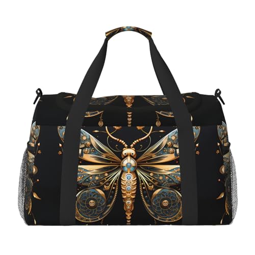 Goldene zarte Libelle auf schwarzem Hintergrund, große Handreisetasche, wasserdichte Tragetasche für Damen, Seesack, Sport, Fitnessstudio für Herren Goldene zarte Libelle auf schwarzem Hintergrund, große Handreisetasche, wasserdichte Tragetasche für Damen, Seesack, Sport, Fitnessstudio für Herren von LiuMng
