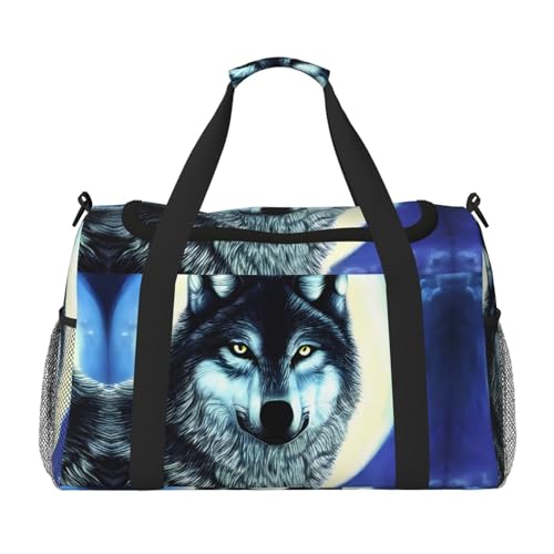 Große Handreisetasche, Motiv: Wolf unter dem Mond, wasserdicht, für Damen, Seesack, Sport, Fitnessstudio für Herren von LiuMng