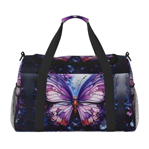 Große Handreisetasche mit Schmetterlings-Blumendruck, wasserdicht, für Damen, Seesack, Sport, Fitnessstudio für Herren, Violett Große Handreisetasche mit Schmetterlings-Blumendruck, wasserdicht, für Damen, Seesack, Sport, Fitnessstudio für Herren, Violett von LiuMng