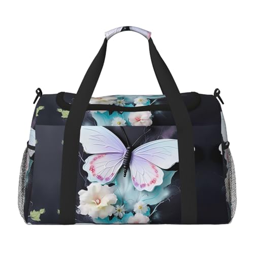 Große Handreisetasche mit Schmetterlingsdruck, wasserdicht, für Damen, Seesack, Sport, Fitnessstudio für Herren, Weiß von LiuMng