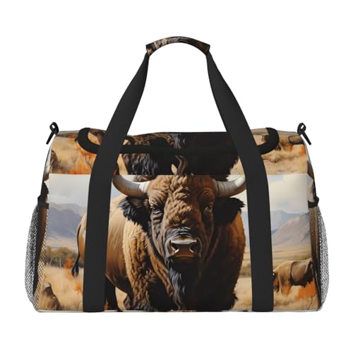 Große Reisetasche mit nordamerikanischem Bison-Herden-Druck, wasserdichte Tragetasche für Damen, Seesack, Sport, Fitnessstudio für Herren von LiuMng