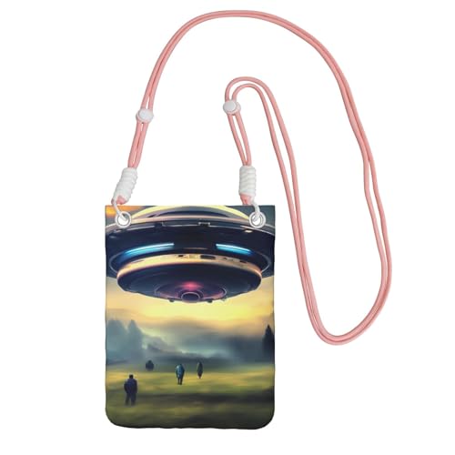 Kleine Umhängetasche mit UFO-Landungsdruck, niedlich, tragen Sie eine mobile Geldbörse diagonal, zum Einkaufen, Spazierengehen, Schwarz, Rosa, Einheitsgröße von LiuMng