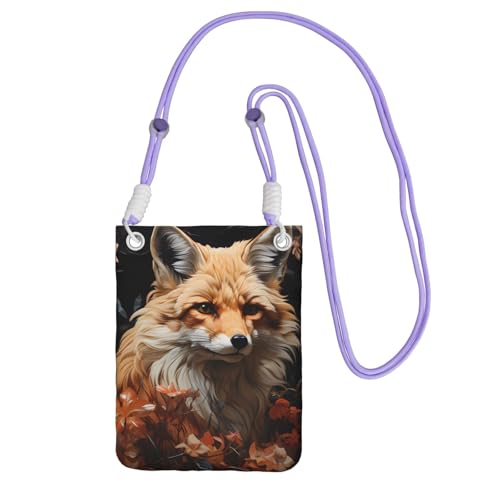 Kleine Umhängetasche mit schwarzem Fuchs- und Blumendruck, niedlich, tragen Sie eine mobile Geldbörse diagonal, zum Einkaufen, Spazierengehen, Purpur, Einheitsgröße von LiuMng
