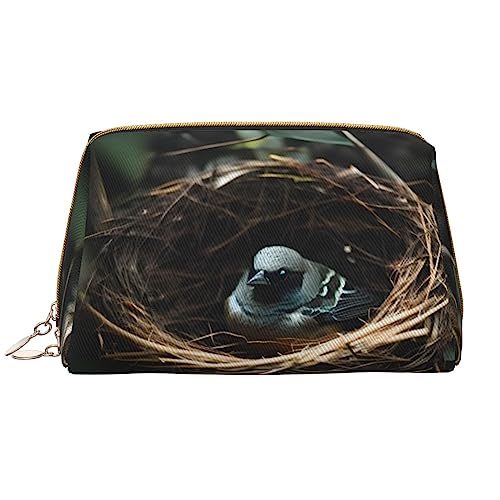 Kleine Vogelnest Make-up-Tasche für Damen, großes Fassungsvermögen, Reise-Kosmetiktasche, PU-Leder, Reißverschluss, tragbar, weit offen, weiß, Einheitsgröße von LiuMng