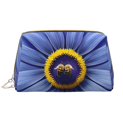 Kosmetiktasche für Damen, Motiv: Blumenherz, Biene, großes Fassungsvermögen, Reise-Kosmetiktasche, PU-Leder, Reißverschluss, tragbar, weit geöffnet, Organizer von LiuMng