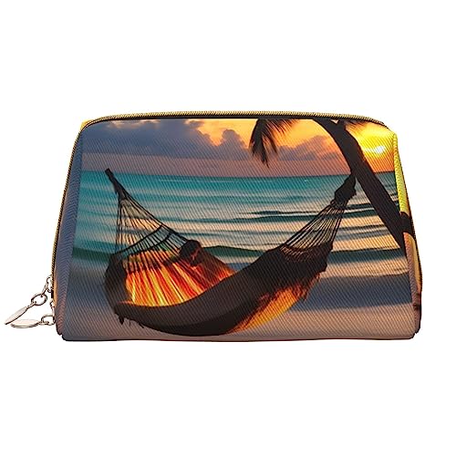 Kosmetiktasche für Damen, Motiv: Sonnenuntergang, Strandhängematte – großes Fassungsvermögen, Reise-Kosmetiktasche, PU-Leder, mit Reißverschluss, tragbar, weit geöffneter Organizer Kosmetiktasche für Damen, Motiv: Sonnenuntergang, Strandhängematte – großes Fassungsvermögen, Reise-Kosmetiktasche, PU-Leder, mit Reißverschluss, tragbar, weit geöffneter Organizer von LiuMng