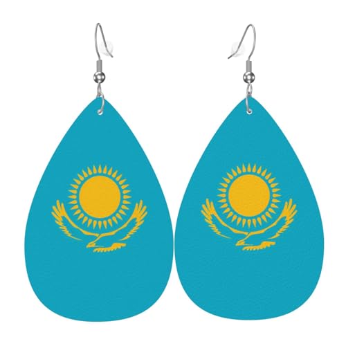 Leder-Ohrringe in Tropfenform für Damen, Flagge von Kasachstan, leicht, Modeschmuck, Geschenk von LiuMng