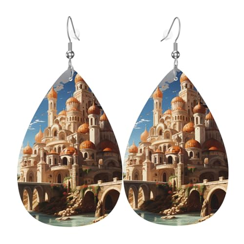 Leder-Tropfen-Ohrringe für Damen, Anime-Schloss-Himmel-Druck, leicht, hängende Ohrringe, Modeschmuck, Geschenk von LiuMng