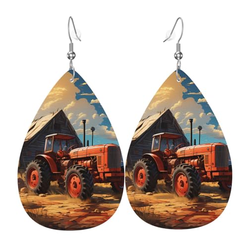 Leder-Tropfen-Ohrringe für Damen, Bauernhof-roter Traktor-Druck, leicht, Modeschmuck, Geschenk von LiuMng