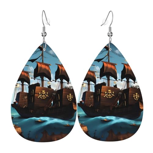 Leder-Tropfen-Ohrringe für Damen, Cartoon-Piratenschiff-Druck, leicht, hängender Ohrringe, Modeschmuck, Geschenk Leder-Tropfen-Ohrringe für Damen, Cartoon-Piratenschiff-Druck, leicht, hängender Ohrringe, Modeschmuck, Geschenk von LiuMng