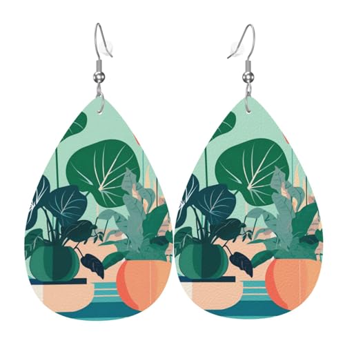 Leder-Tropfen-Ohrringe für Damen, Indoor-Cartoon-Grünpflanzen-Druck, leicht, Modeschmuck, Geschenk von LiuMng