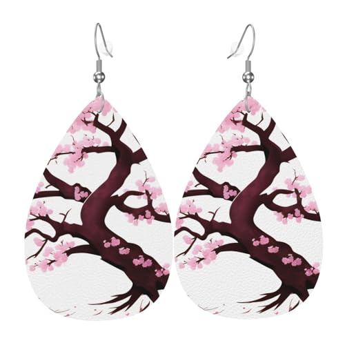 Leder-Tropfen-Ohrringe für Damen, Kirschblüten-Baum-Druck, leichte Hängeohrringe, Modeschmuck, Geschenk von LiuMng