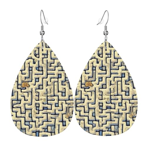 Leder-Tropfen-Ohrringe für Damen, Labyrinth-Schatzkarten-Druck, leicht, hängende Ohrringe, Modeschmuck, Geschenk Leder-Tropfen-Ohrringe für Damen, Labyrinth-Schatzkarten-Druck, leicht, hängende Ohrringe, Modeschmuck, Geschenk von LiuMng