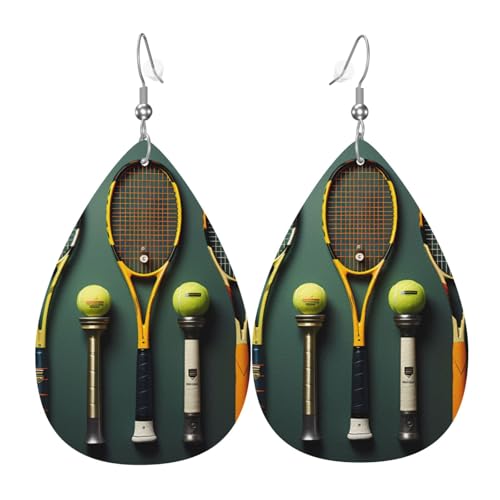 Leder-Tropfen-Ohrringe für Damen, Tennisbälle und Schlägerdruck, leicht, Modeschmuck, Geschenk von LiuMng