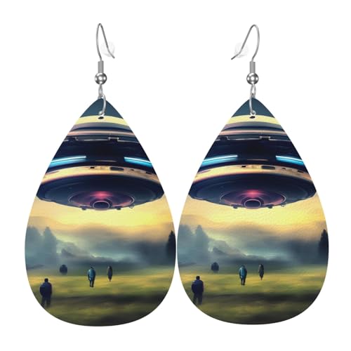 Leder-Tropfen-Ohrringe für Damen, UFO-Landungsdruck, leichte Hängeohrringe, Modeschmuck, Geschenk Leder-Tropfen-Ohrringe für Damen, UFO-Landungsdruck, leichte Hängeohrringe, Modeschmuck, Geschenk von LiuMng