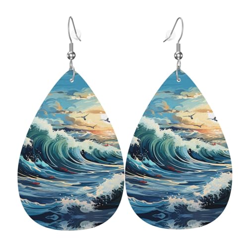 Leder-Tropfen-Ohrringe für Damen, Wellen-Segelboot, Möwen-Druck, leicht, Modeschmuck, Geschenk von LiuMng