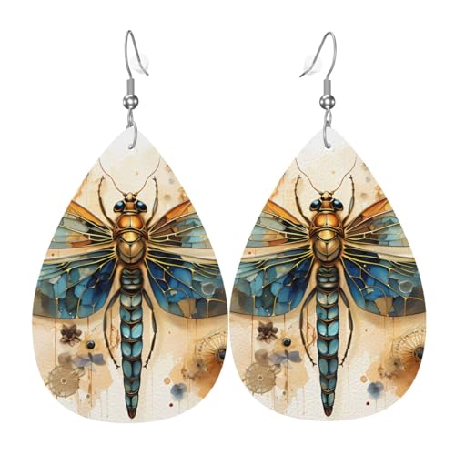 Leder-Tropfen-Ohrringe für Damen, goldene, zarte Libelle auf gelbem Hintergrund, leichte Hängeohrringe, Modeschmuck, Geschenk Leder-Tropfen-Ohrringe für Damen, goldene, zarte Libelle auf gelbem Hintergrund, leichte Hängeohrringe, Modeschmuck, Geschenk von LiuMng