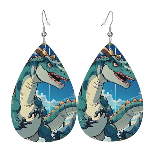 Leder-Tropfen-Ohrringe für Damen, niedlicher Dinosaurier-Druck, leicht, baumelnd, Modeschmuck, Geschenk von LiuMng